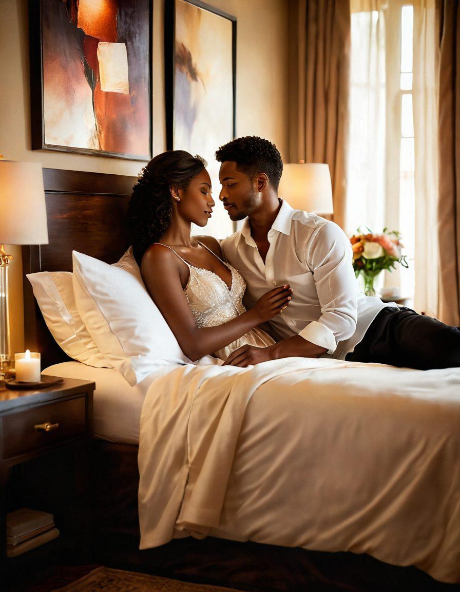 A passionate couple deeply engaged in an intimate moment, surrounded by soft, romantic lighting that highlights their connection. The background suggests a serene bedroom setting with warm colors, plush pillows, and delicate textures reflecting intimacy. Use elements like intertwined hands and gentle whispers to symbolize deep emotional ties. Enhance the atmosphere with ethereal sparkles or a subtle glow to signify the magic of desire. super-realistic. warm tones. soft focus.