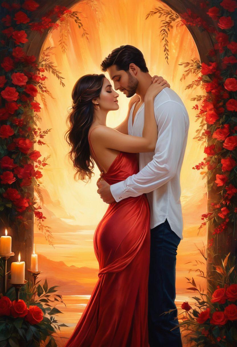 A warm, inviting scene depicting a couple entwined in a passionate embrace, surrounded by soft candlelight and rich, vibrant fabrics. The background features tasteful artwork symbolizing intimacy and connection, with gentle hues of red and gold enhancing the atmosphere. Subtle motifs of nature, like blooming flowers, weave through the scene to signify growth in relationships. Artistic brush strokes give a dreamy quality, evoking feelings of sensuality and love. painting. vibrant colors. soft lighting.
